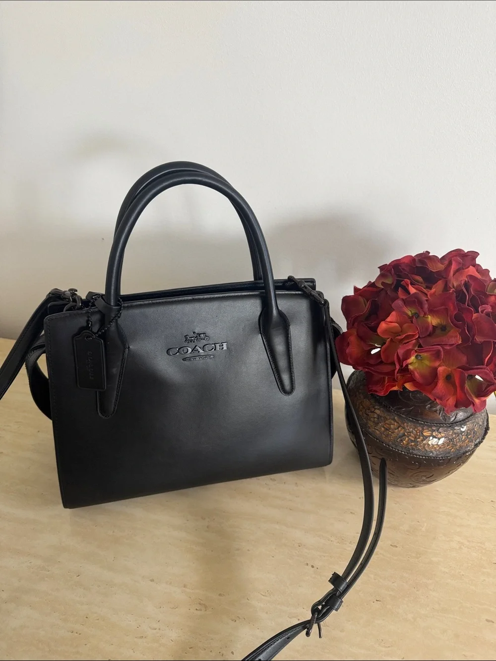 Coach Black Leather Tote Satchel with Top Handles